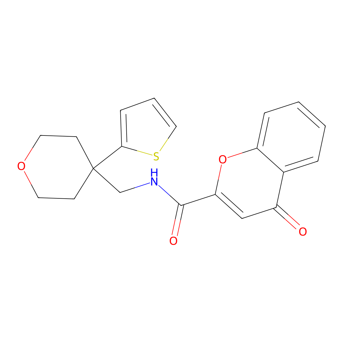 4-oxo-N-((4-(thiophen-2-yl)tetrahydro-2H-pyran-4-yl)methyl)-4H-chromene-2-carboxamide molecular structure, CAS 1210732-39-0