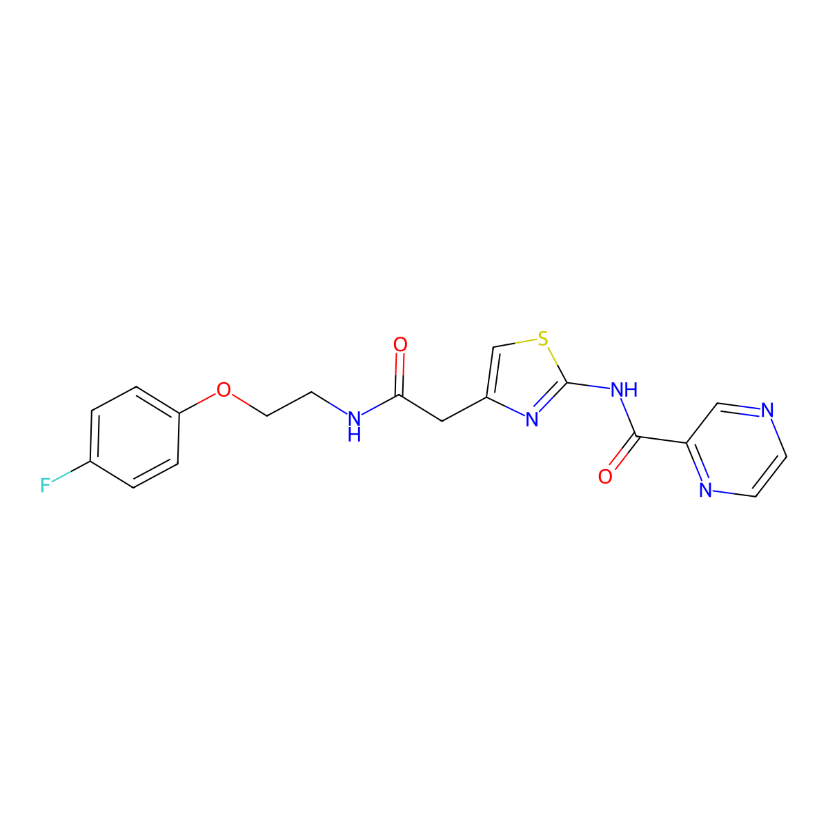 N-(4-(2-((2-(4-fluorophenoxy)ethyl)amino)-2-oxoethyl)thiazol-2-yl)pyrazine-2-carboxamide molecular structure, CAS 1210736-69-8