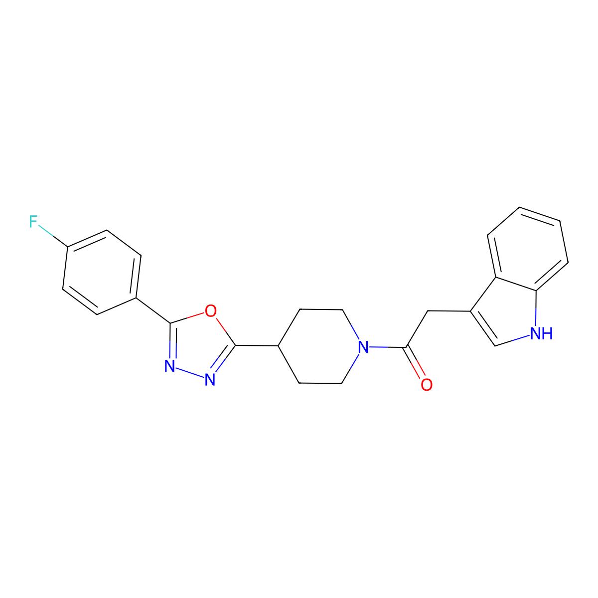 1-(4-(5-(4-fluorophenyl)-1,3,4-oxadiazol-2-yl)piperidin-1-yl)-2-(1H-indol-3-yl)ethanone molecular structure, CAS 1210737-49-7
