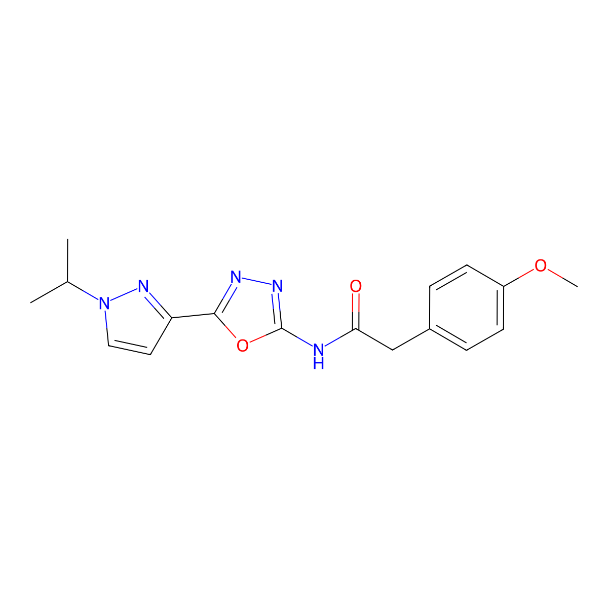 N-(5-(1-isopropyl-1H-pyrazol-3-yl)-1,3,4-oxadiazol-2-yl)-2-(4-methoxyphenyl)acetamide molecular structure, CAS 1210737-64-6