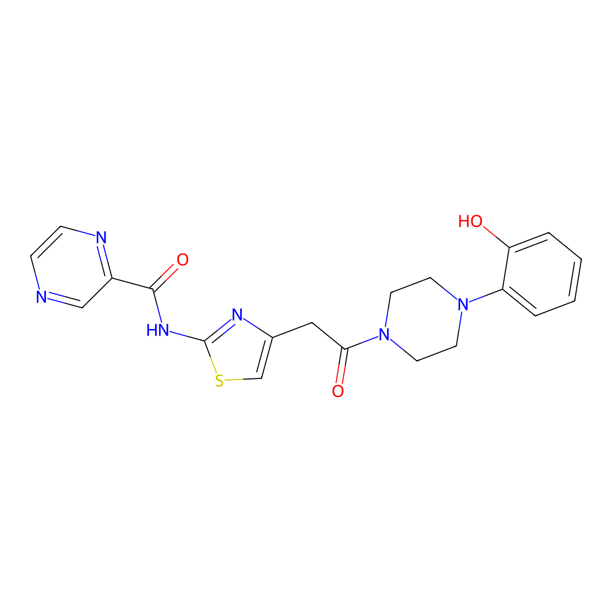 N-(4-(2-(4-(2-hydroxyphenyl)piperazin-1-yl)-2-oxoethyl)thiazol-2-yl)pyrazine-2-carboxamide molecular structure, CAS 1210737-74-8