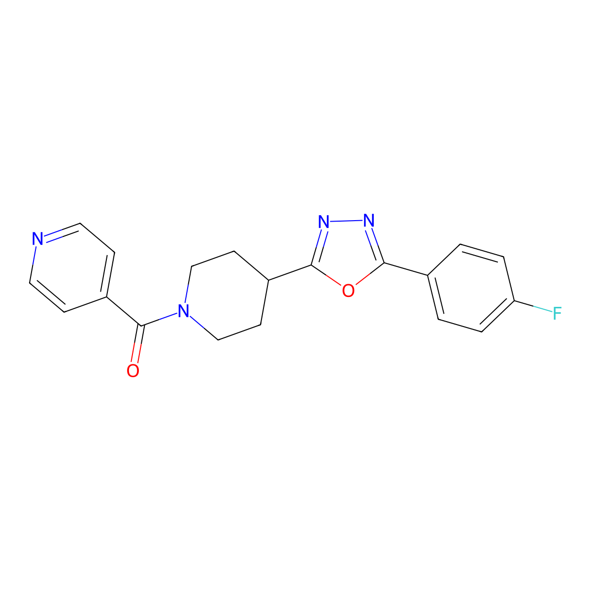 (4-(5-(4-Fluorophenyl)-1,3,4-oxadiazol-2-yl)piperidin-1-yl)(pyridin-4-yl)methanone molecular structure, CAS 1210739-04-0