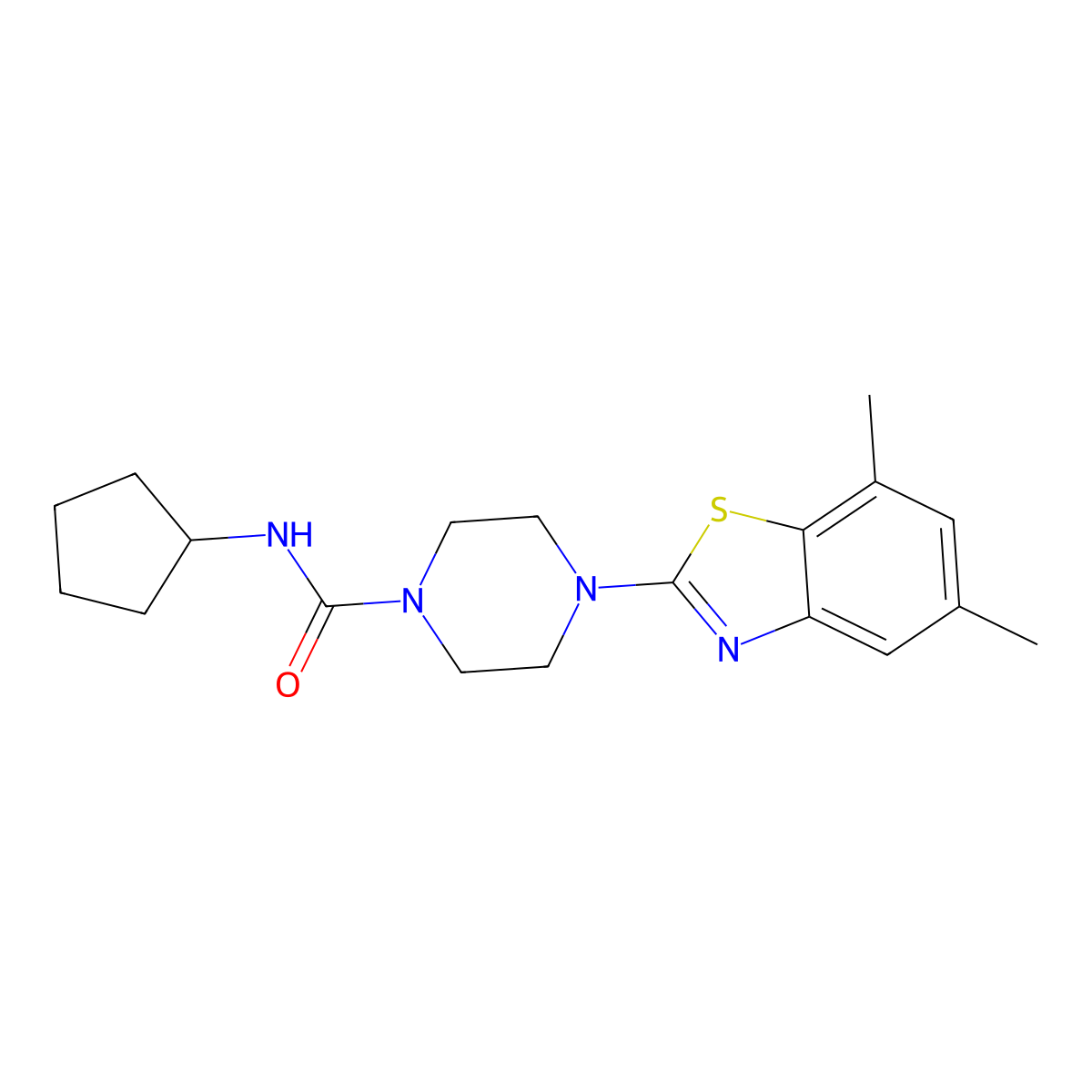 N-cyclopentyl-4-(5,7-dimethylbenzo[d]thiazol-2-yl)piperazine-1-carboxamide molecular structure, CAS 1210743-90-0