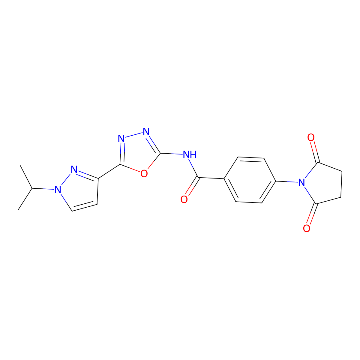 4-(2,5-dioxopyrrolidin-1-yl)-N-(5-(1-isopropyl-1H-pyrazol-3-yl)-1,3,4-oxadiazol-2-yl)benzamide molecular structure, CAS 1210754-09-8