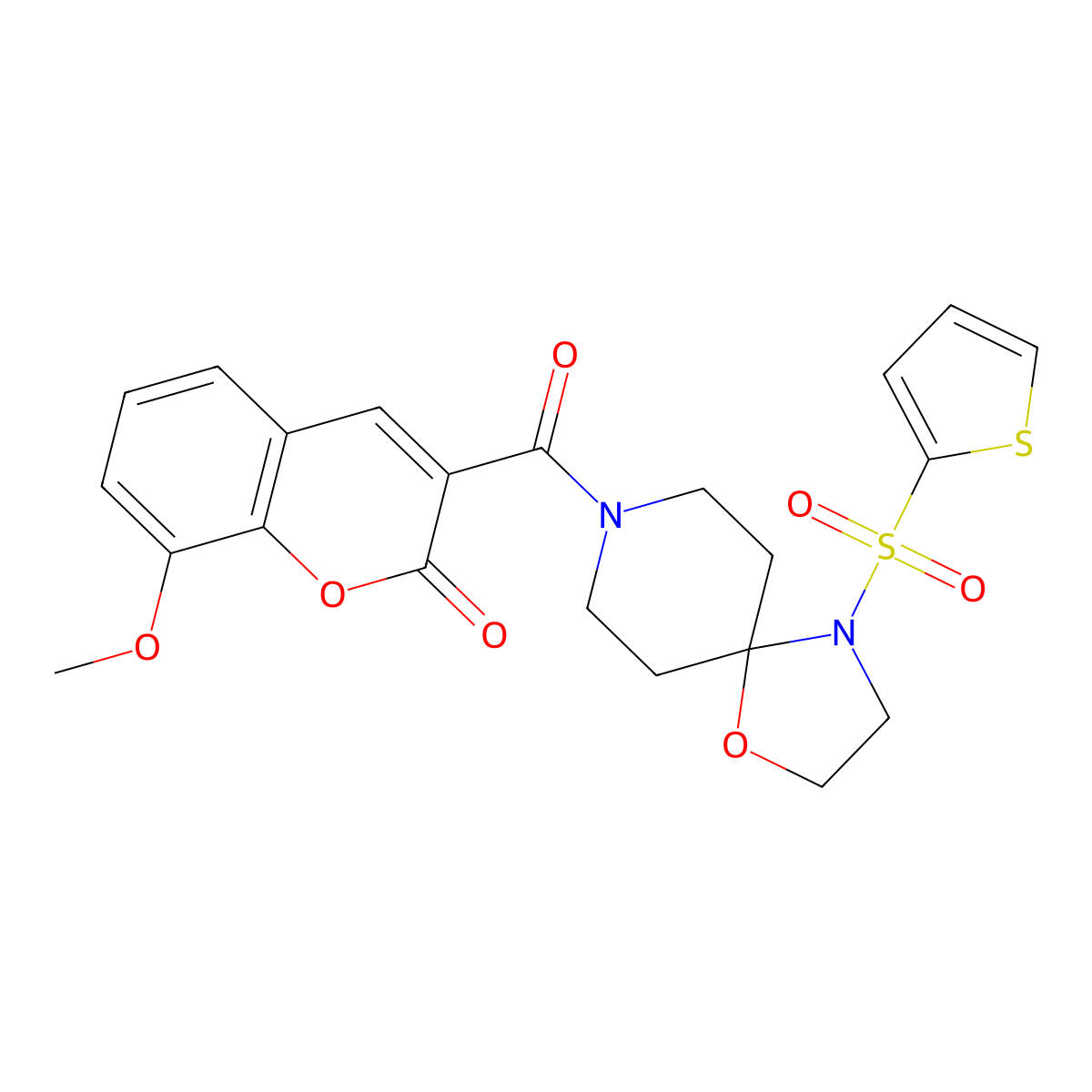 8-methoxy-3-(4-(thiophen-2-ylsulfonyl)-1-oxa-4,8-diazaspiro[4.5]decane-8-carbonyl)-2H-chromen-2-one molecular structure, CAS 1210774-74-5