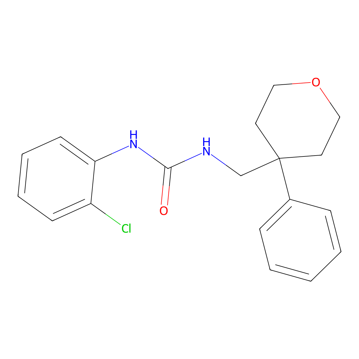 1-(2-chlorophenyl)-3-((4-phenyltetrahydro-2H-pyran-4-yl)methyl)urea molecular structure, CAS 1210778-90-7
