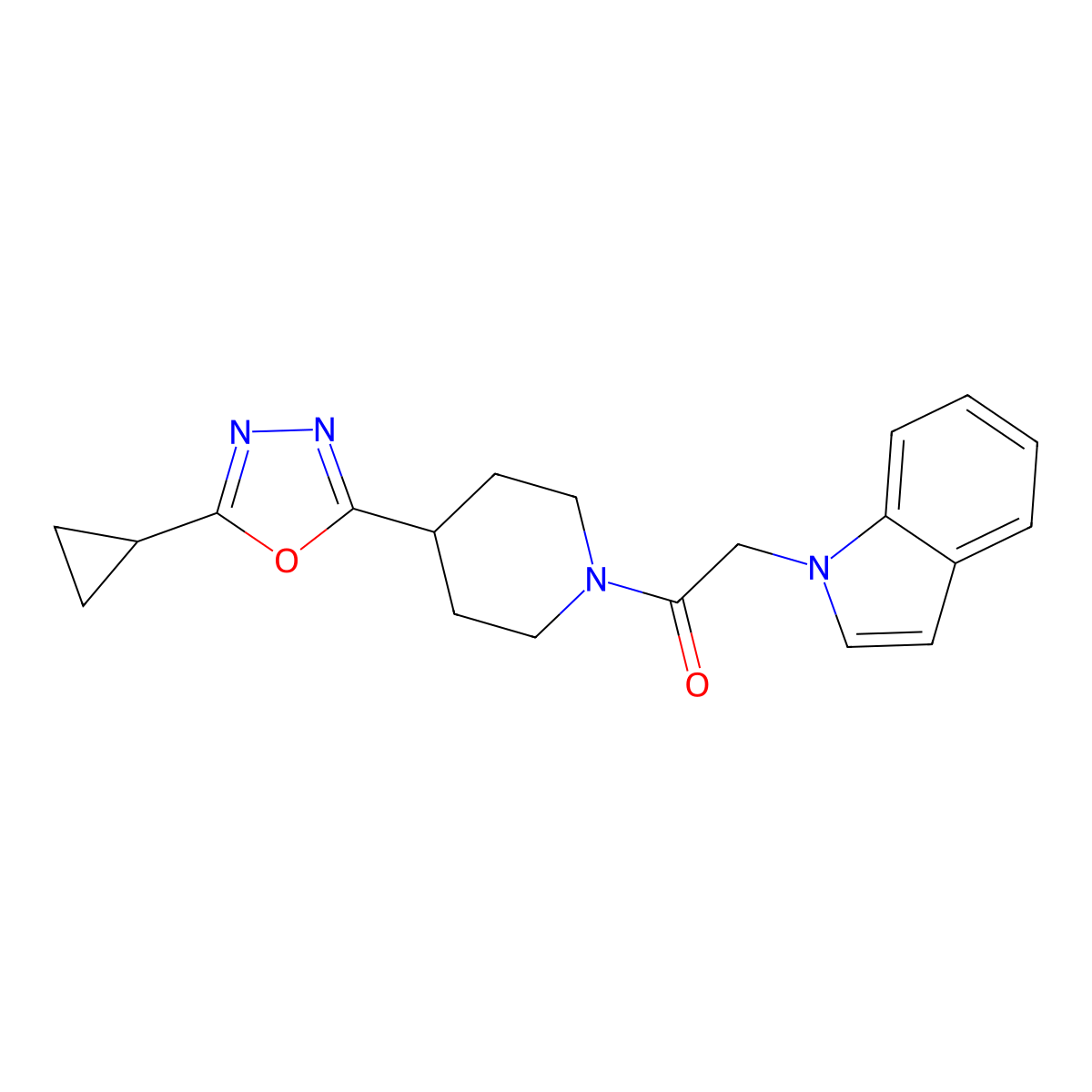 1-(4-(5-cyclopropyl-1,3,4-oxadiazol-2-yl)piperidin-1-yl)-2-(1H-indol-1-yl)ethanone molecular structure, CAS 1210781-69-3