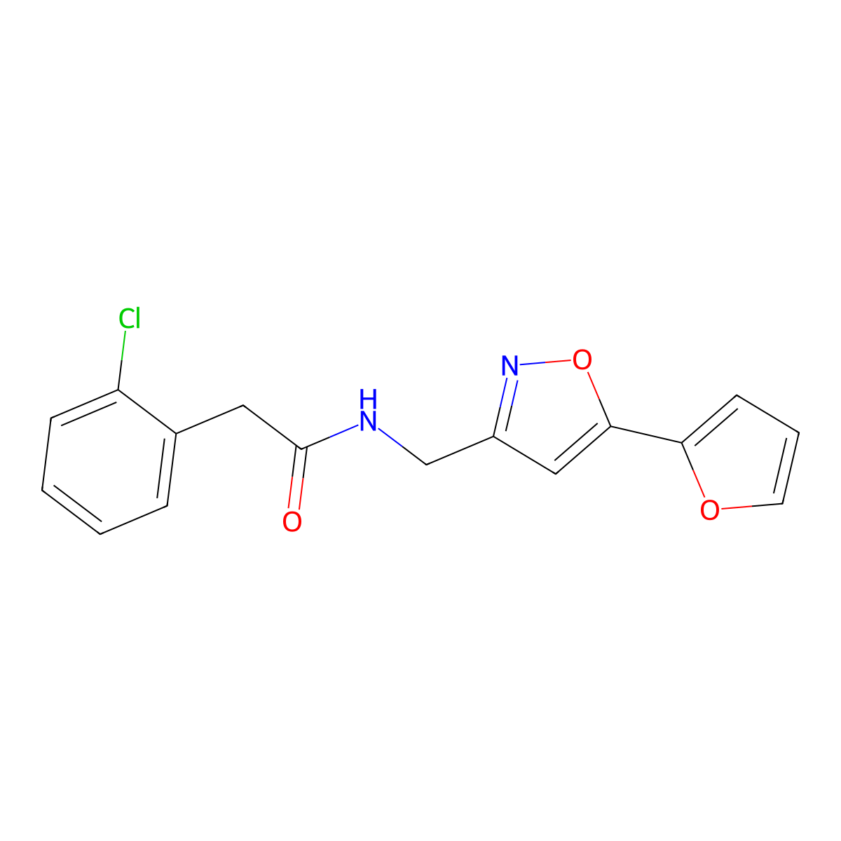 2-(2-chlorophenyl)-N-((5-(furan-2-yl)isoxazol-3-yl)methyl)acetamide molecular structure, CAS 1210782-39-0