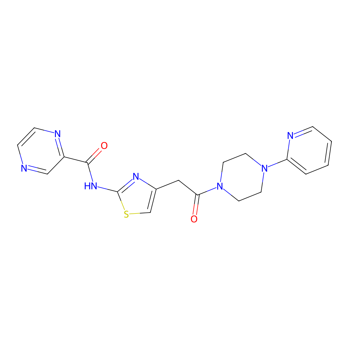 N-(4-(2-oxo-2-(4-(pyridin-2-yl)piperazin-1-yl)ethyl)thiazol-2-yl)pyrazine-2-carboxamide molecular structure, CAS 1210792-16-7