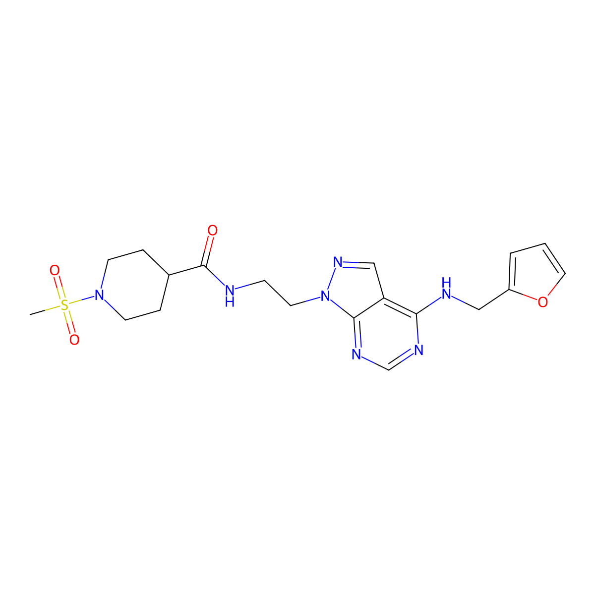 N-(2-(4-((furan-2-ylmethyl)amino)-1H-pyrazolo[3,4-d]pyrimidin-1-yl)ethyl)-1-(methylsulfonyl)piperidine-4-carboxamide molecular structure, CAS 1210798-96-1