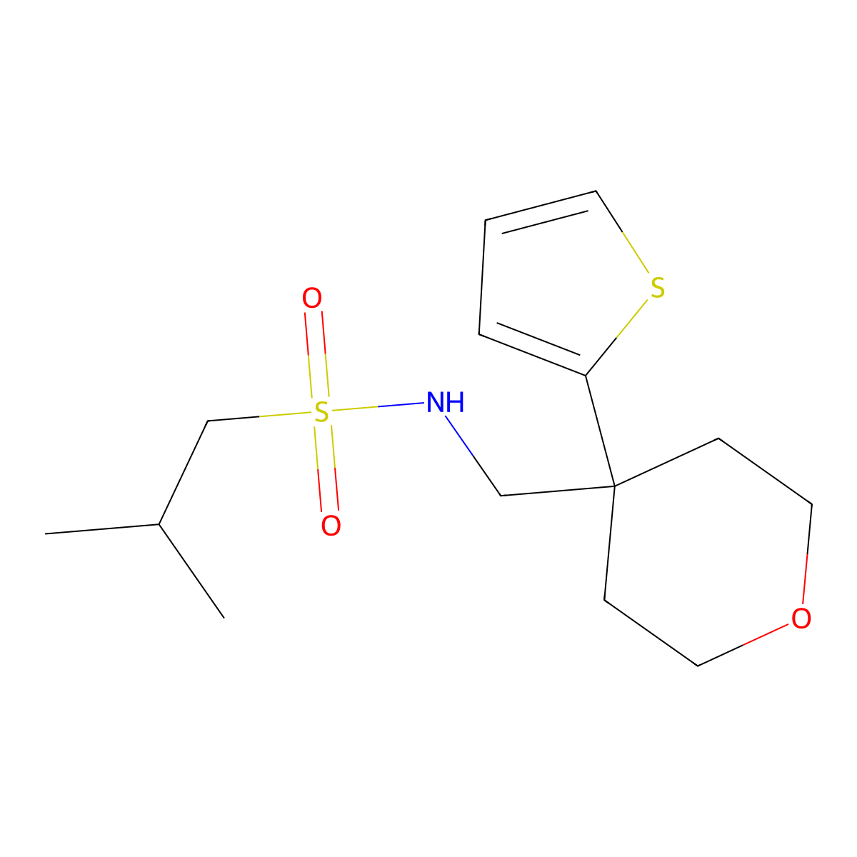 2-methyl-N-((4-(thiophen-2-yl)tetrahydro-2H-pyran-4-yl)methyl)propane-1-sulfonamide molecular structure, CAS 1210799-95-3