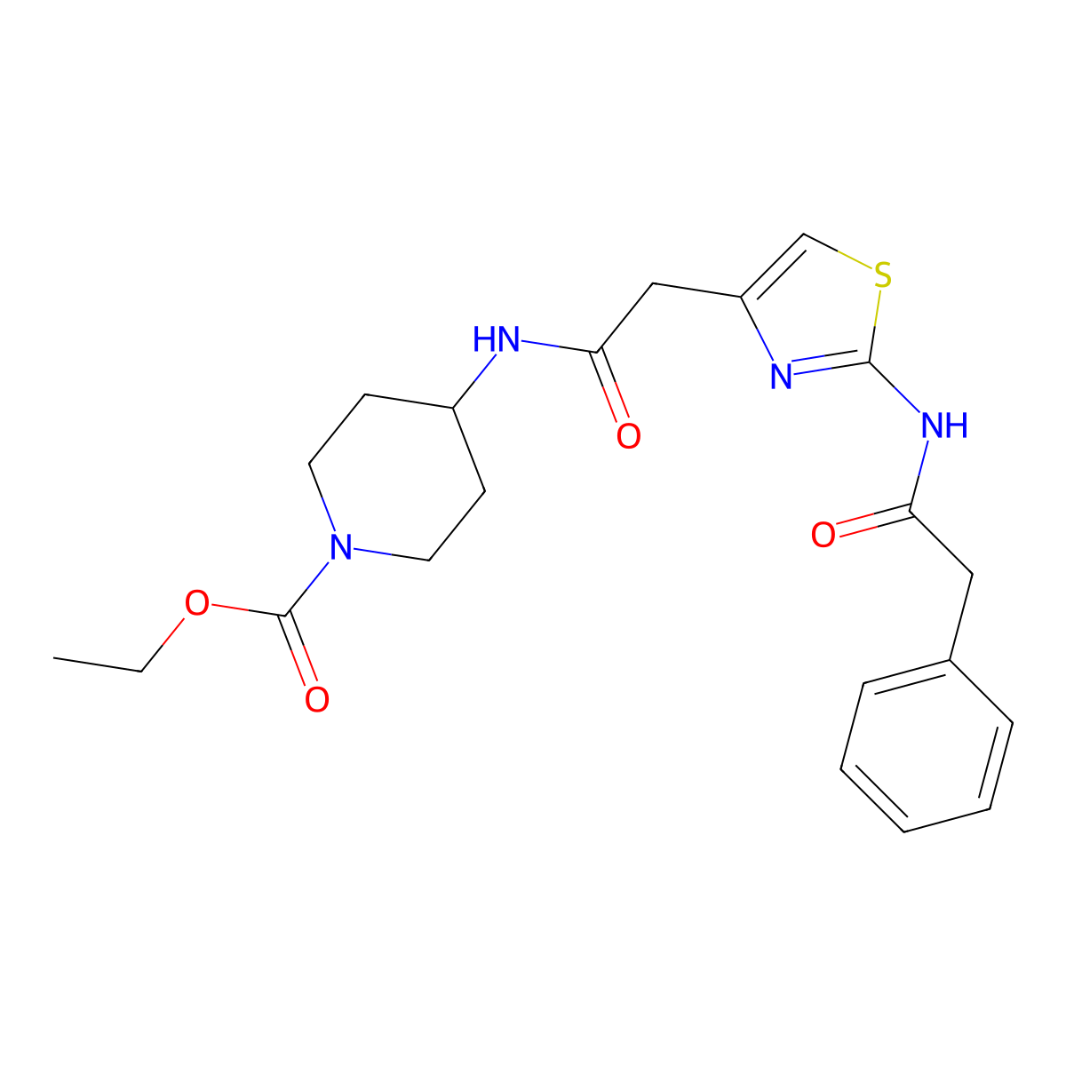 Ethyl 4-(2-(2-(2-phenylacetamido)thiazol-4-yl)acetamido)piperidine-1-carboxylate molecular structure, CAS 1210814-00-8