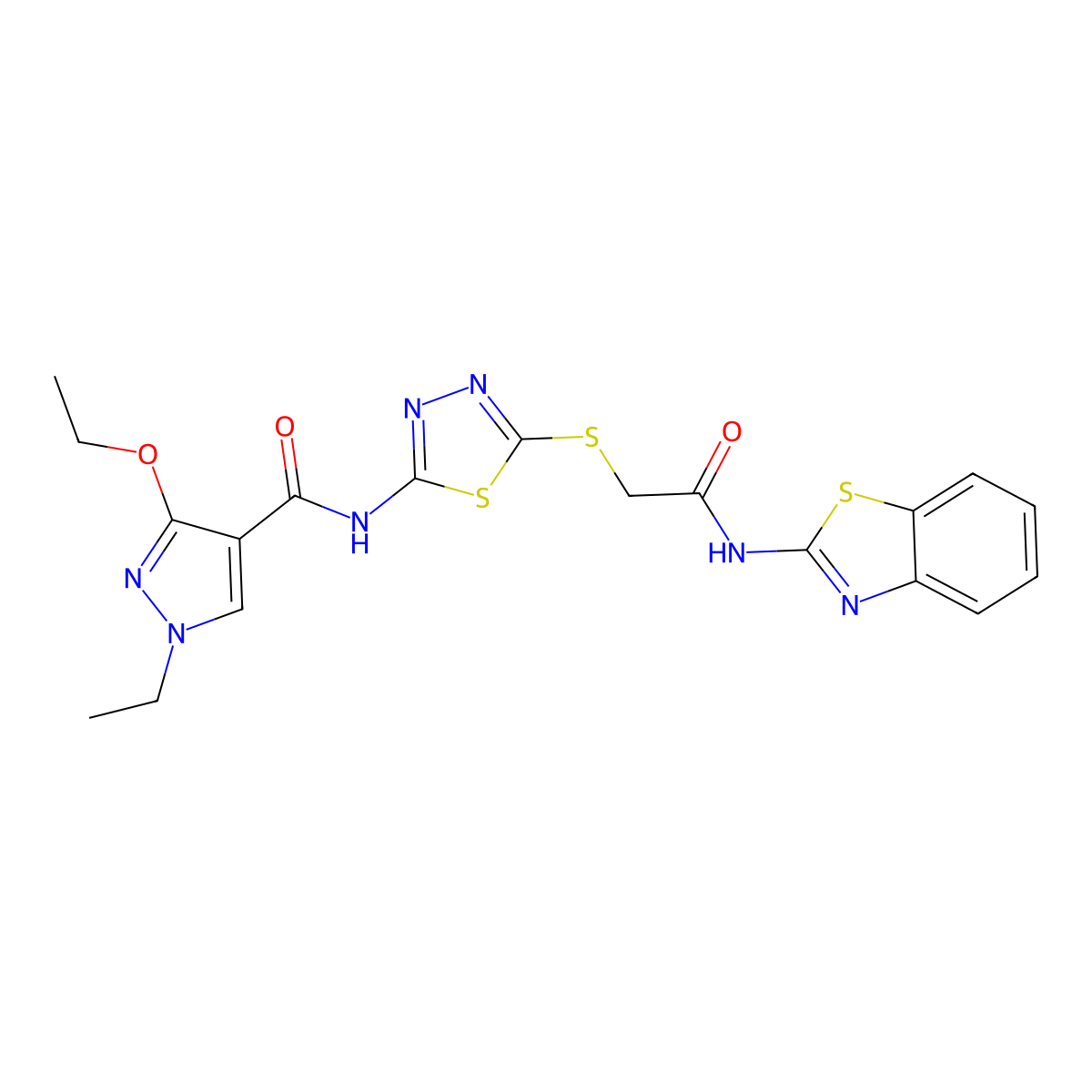 N-(5-((2-(benzo[d]thiazol-2-ylamino)-2-oxoethyl)thio)-1,3,4-thiadiazol-2-yl)-3-ethoxy-1-ethyl-1H-pyrazole-4-carboxamide molecular structure, CAS 1210818-00-0