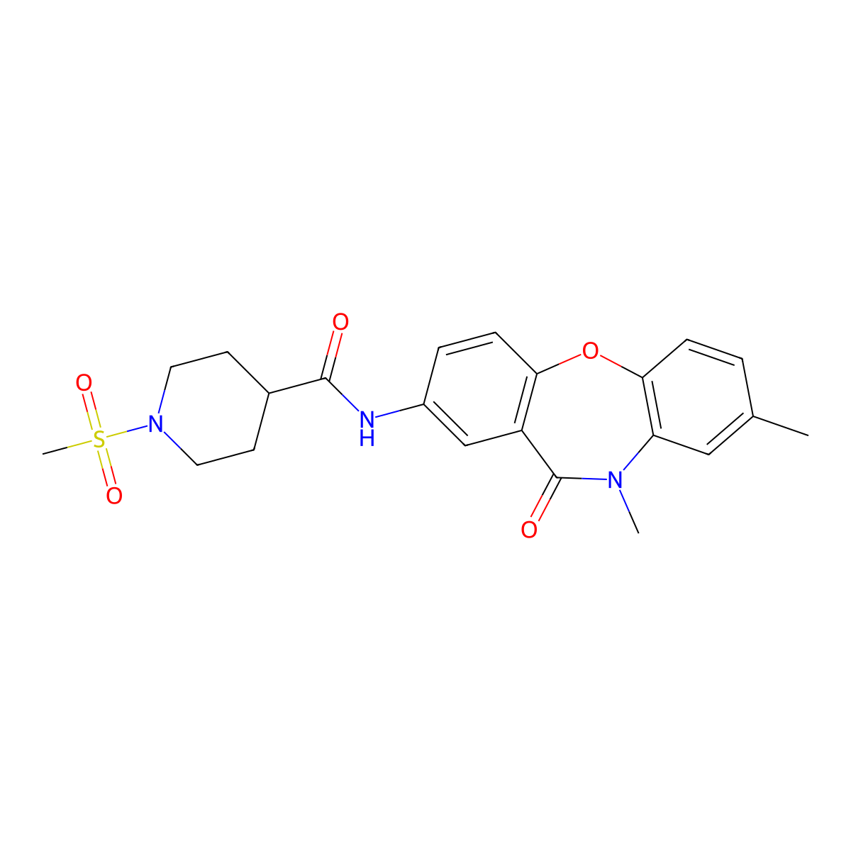 N-{6,9-dimethyl-10-oxo-2-oxa-9-azatricyclo[9.4.0.0^{3,8}]pentadeca-1(11),3(8),4,6,12,14-hexaen-13-yl}-1-methanesulfonylpiperidine-4-carboxamide molecular structure, CAS 1210823-28-1