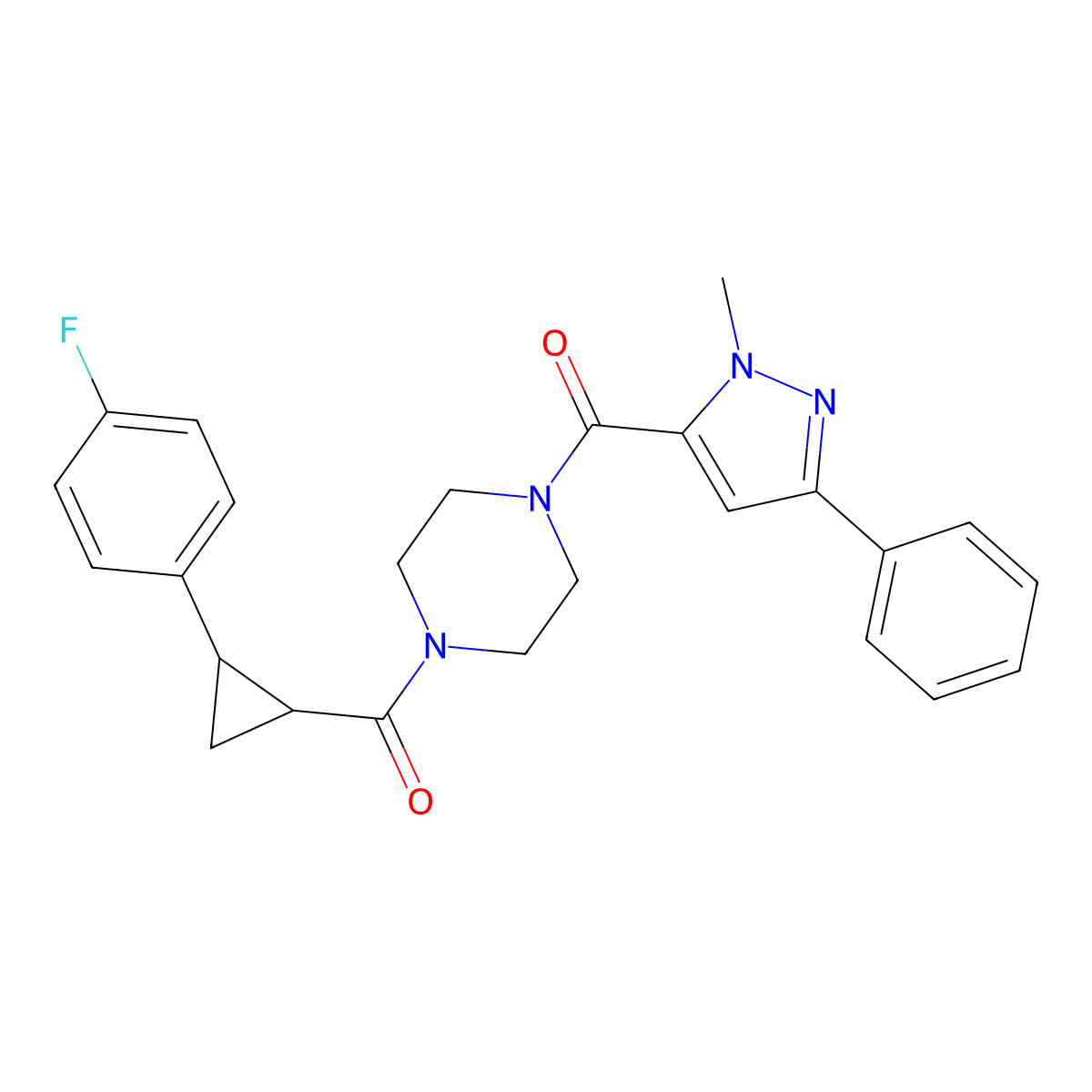 (4-(2-(4-fluorophenyl)cyclopropanecarbonyl)piperazin-1-yl)(1-methyl-3-phenyl-1H-pyrazol-5-yl)methanone molecular structure, CAS 1210836-79-5