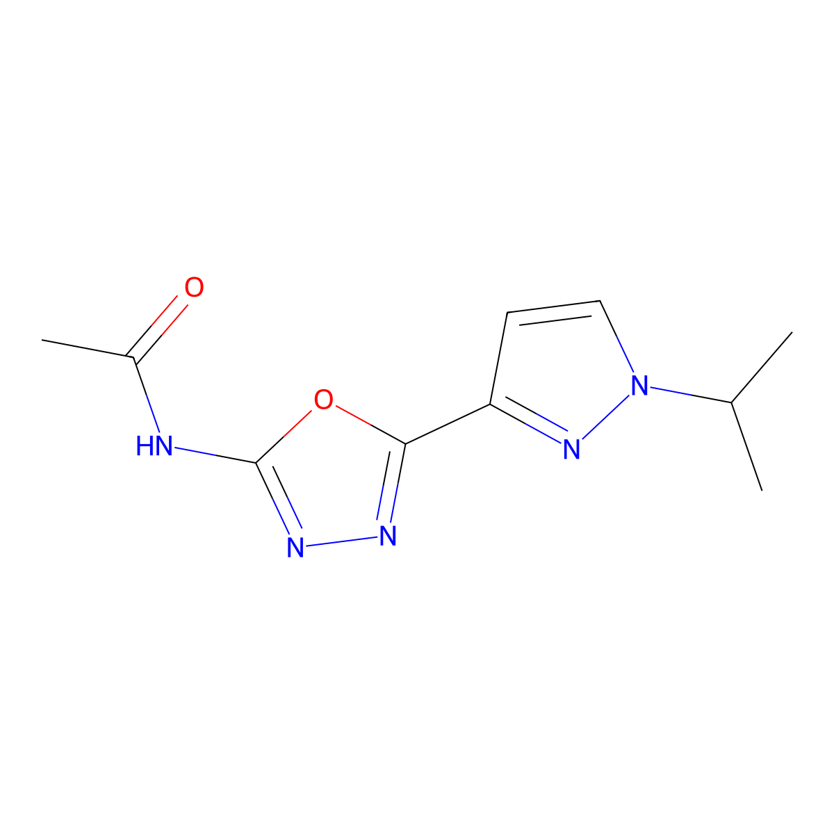 N-(5-(1-isopropyl-1H-pyrazol-3-yl)-1,3,4-oxadiazol-2-yl)acetamide molecular structure, CAS 1210839-90-9