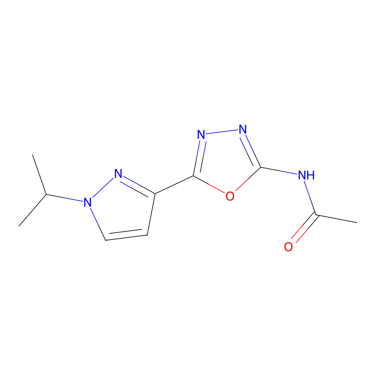 N-(5-(1-isopropyl-1H-pyrazol-3-yl)-1,3,4-oxadiazol-2-yl)acetamide molecular structure, CAS 1210839-90-9