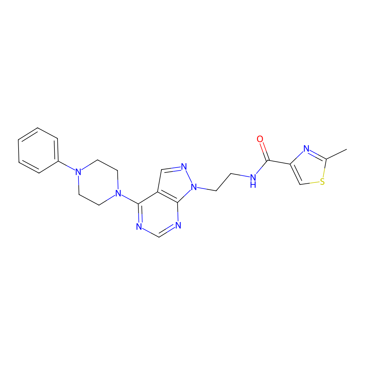 2-methyl-N-(2-(4-(4-phenylpiperazin-1-yl)-1H-pyrazolo[3,4-d]pyrimidin-1-yl)ethyl)thiazole-4-carboxamide molecular structure, CAS 1210848-65-9