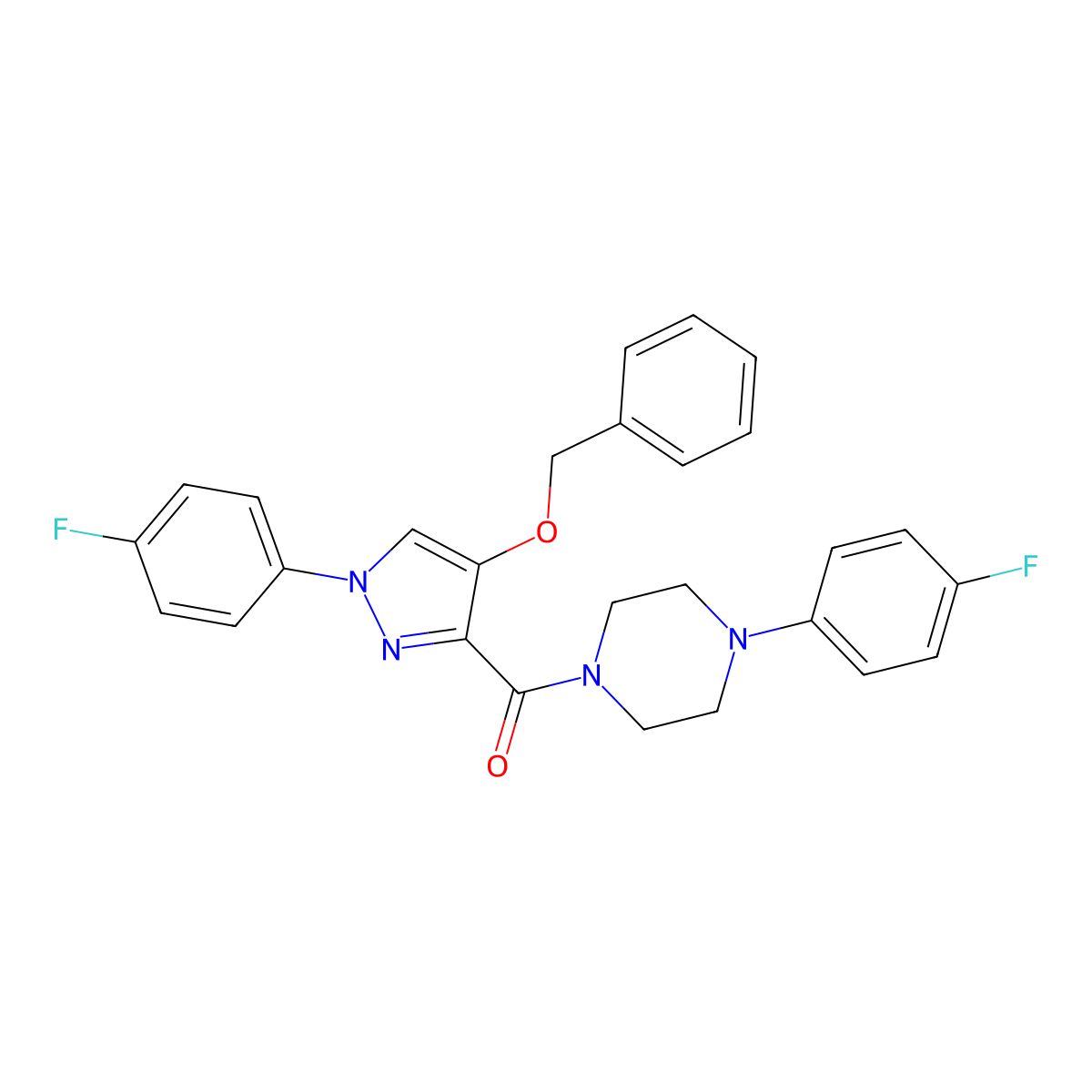 1-[4-(benzyloxy)-1-(4-fluorophenyl)-1H-pyrazole-3-carbonyl]-4-(4-fluorophenyl)piperazine molecular structure, CAS 1210851-52-7