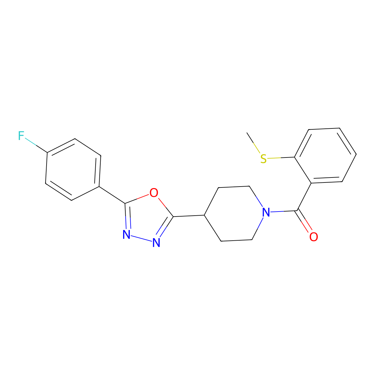 (4-(5-(4-Fluorophenyl)-1,3,4-oxadiazol-2-yl)piperidin-1-yl)(2-(methylthio)phenyl)methanone molecular structure, CAS 1210868-45-3