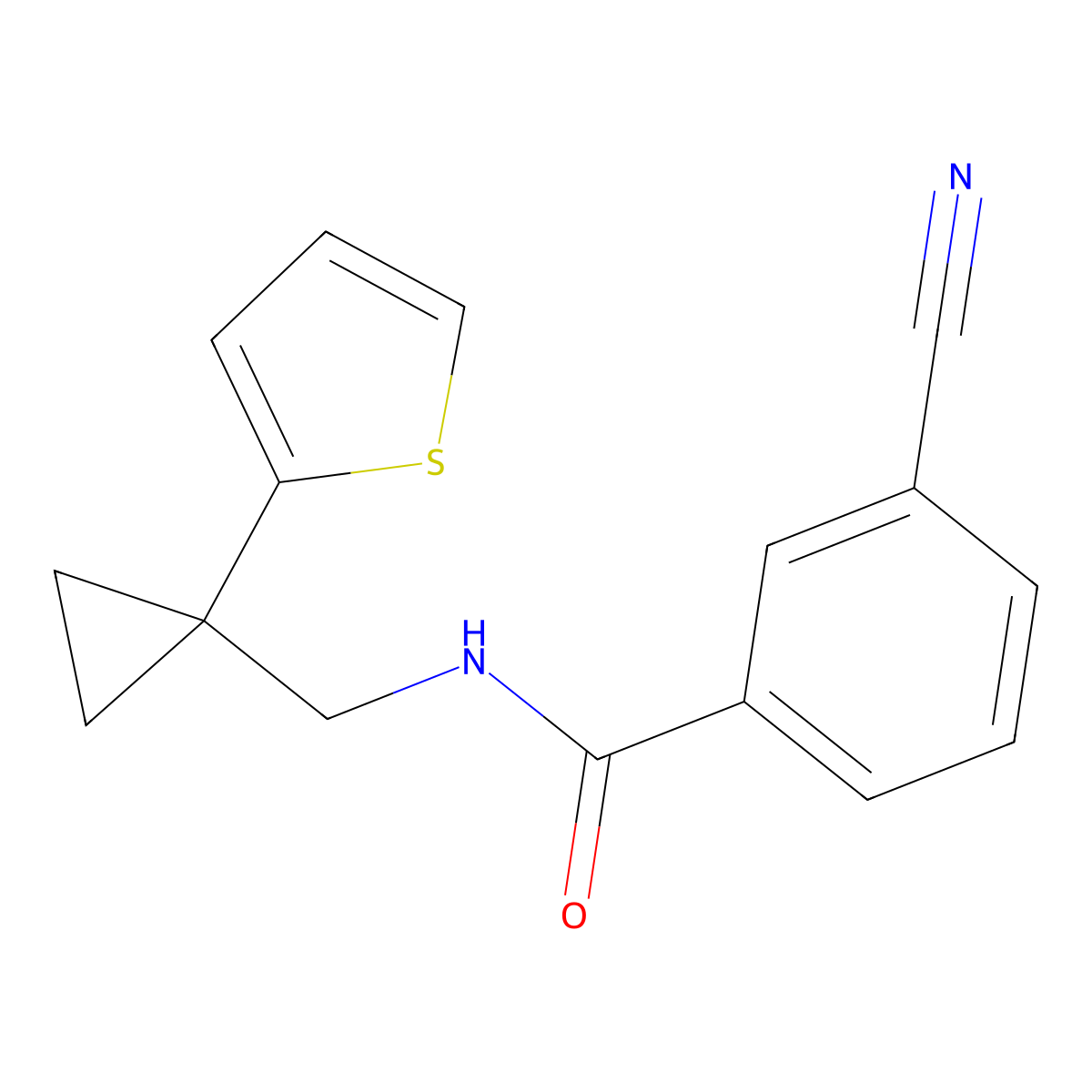 3-cyano-N-((1-(thiophen-2-yl)cyclopropyl)methyl)benzamide molecular structure, CAS 1210874-06-8