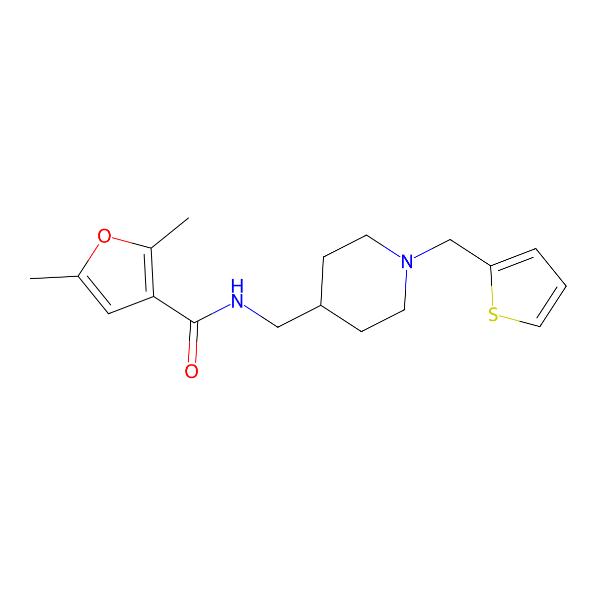 2,5-dimethyl-N-((1-(thiophen-2-ylmethyl)piperidin-4-yl)methyl)furan-3-carboxamide molecular structure, CAS 1210880-30-0