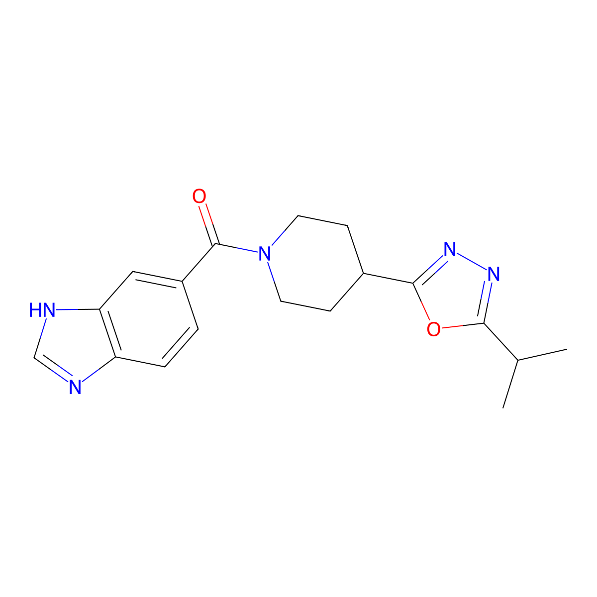 (1H-benzo[d]imidazol-5-yl)(4-(5-isopropyl-1,3,4-oxadiazol-2-yl)piperidin-1-yl)methanone molecular structure, CAS 1210883-71-8