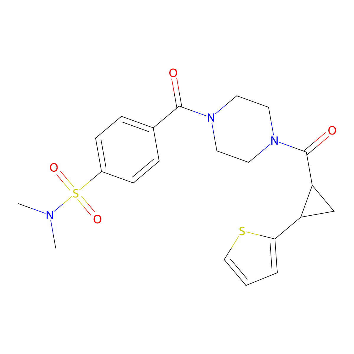 N,N-dimethyl-4-(4-(2-(thiophen-2-yl)cyclopropanecarbonyl)piperazine-1-carbonyl)benzenesulfonamide molecular structure, CAS 1210883-89-8