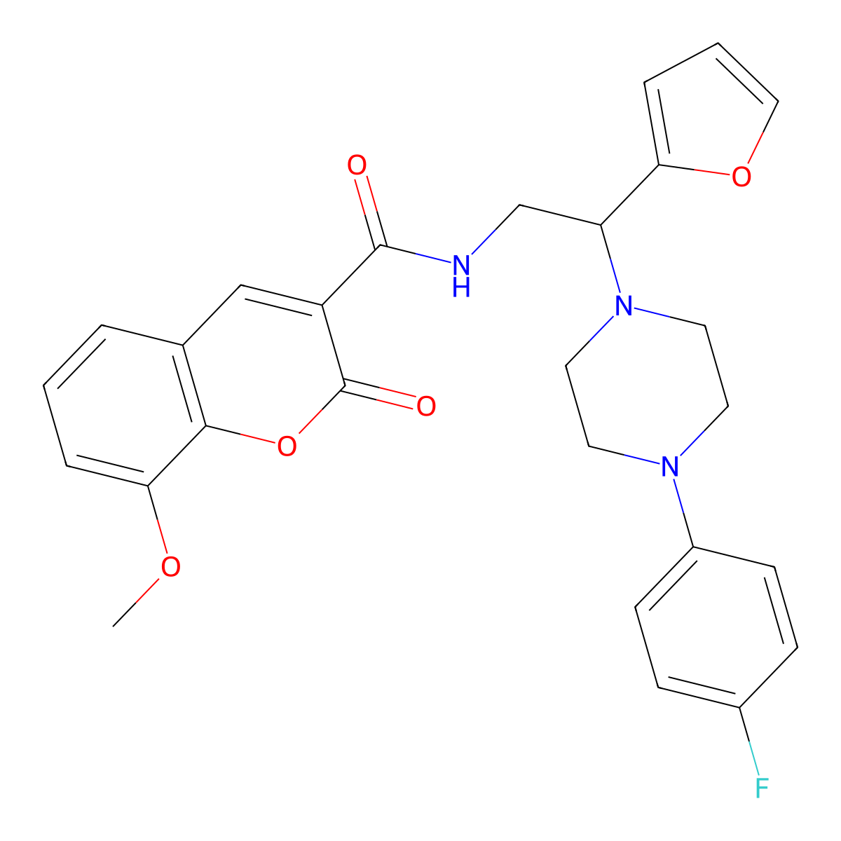 N-(2-(4-(4-fluorophenyl)piperazin-1-yl)-2-(furan-2-yl)ethyl)-8-methoxy-2-oxo-2H-chromene-3-carboxamide molecular structure, CAS 1210896-18-6