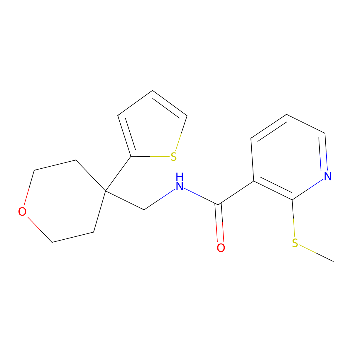 2-(methylthio)-N-((4-(thiophen-2-yl)tetrahydro-2H-pyran-4-yl)methyl)nicotinamide molecular structure, CAS 1210897-93-0