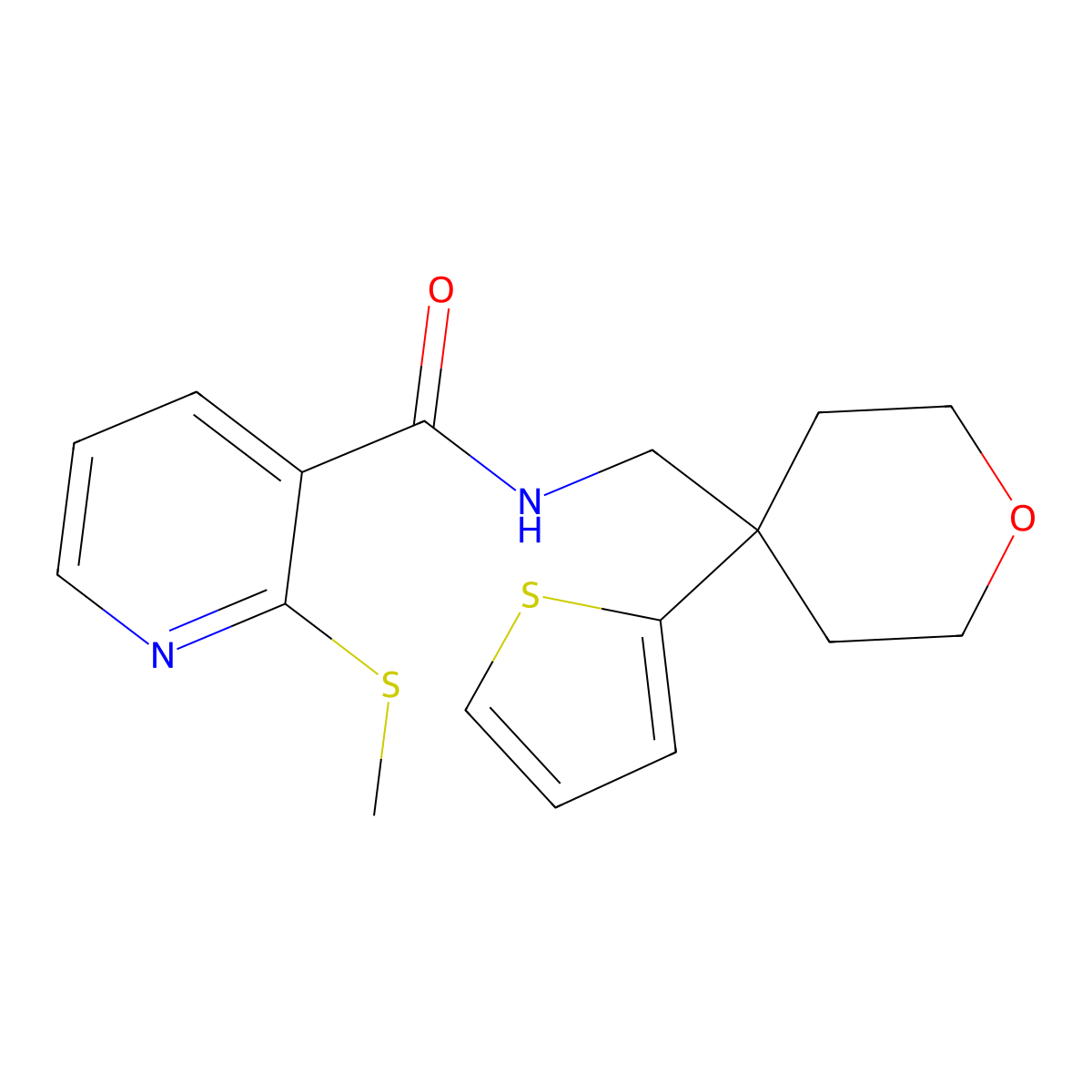 2-(methylthio)-N-((4-(thiophen-2-yl)tetrahydro-2H-pyran-4-yl)methyl)nicotinamide molecular structure, CAS 1210897-93-0