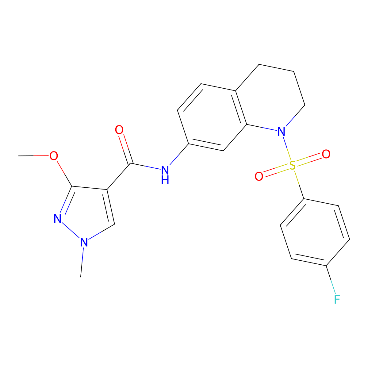 N-(1-((4-fluorophenyl)sulfonyl)-1,2,3,4-tetrahydroquinolin-7-yl)-3-methoxy-1-methyl-1H-pyrazole-4-carboxamide molecular structure, CAS 1210913-09-9