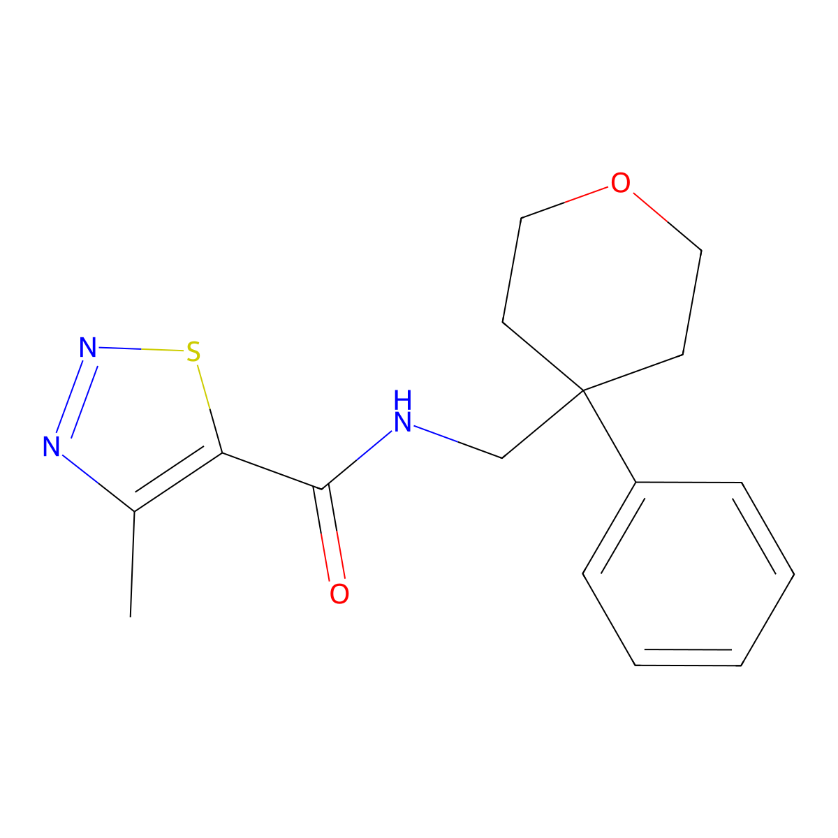 4-methyl-N-((4-phenyltetrahydro-2H-pyran-4-yl)methyl)-1,2,3-thiadiazole-5-carboxamide molecular structure, CAS 1210914-55-8