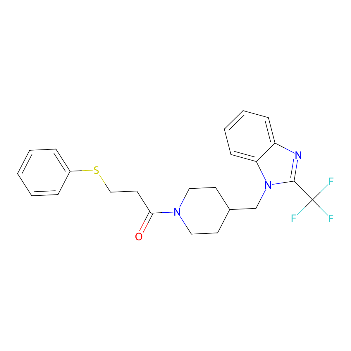 3-(phenylthio)-1-(4-((2-(trifluoromethyl)-1H-benzo[d]imidazol-1-yl)methyl)piperidin-1-yl)propan-1-one molecular structure, CAS 1210918-66-3
