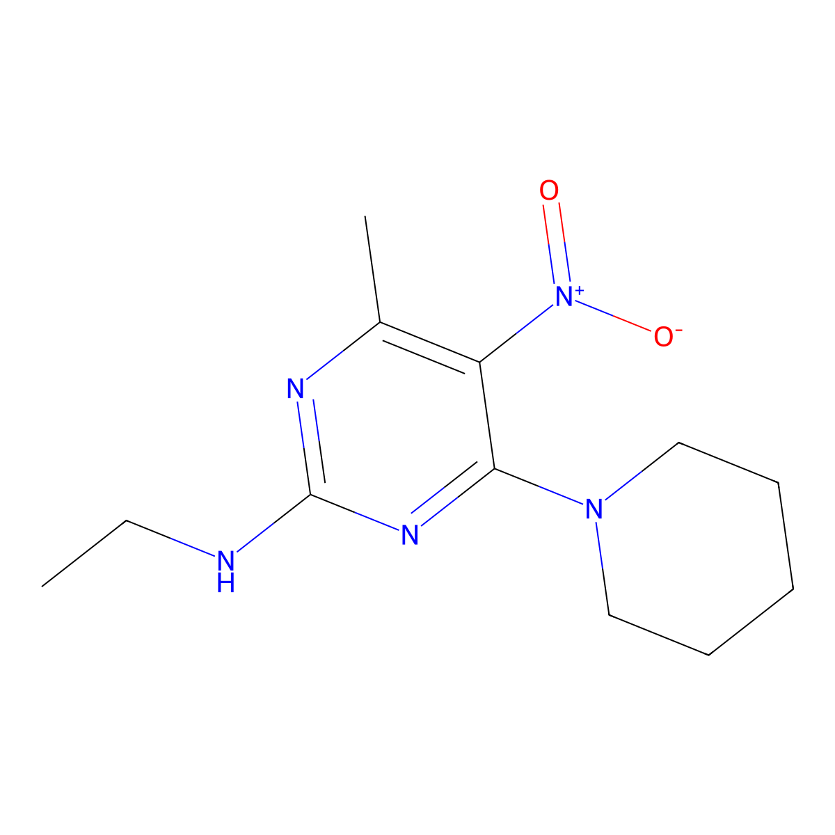 N-ethyl-4-methyl-5-nitro-6-(piperidin-1-yl)pyrimidin-2-amine molecular structure, CAS 1210920-30-1