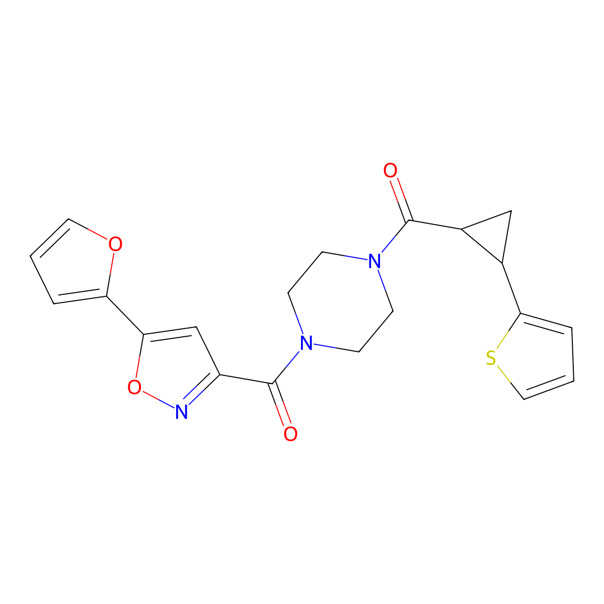(5-(Furan-2-yl)isoxazol-3-yl)(4-(2-(thiophen-2-yl)cyclopropanecarbonyl)piperazin-1-yl)methanone molecular structure, CAS 1210926-82-1