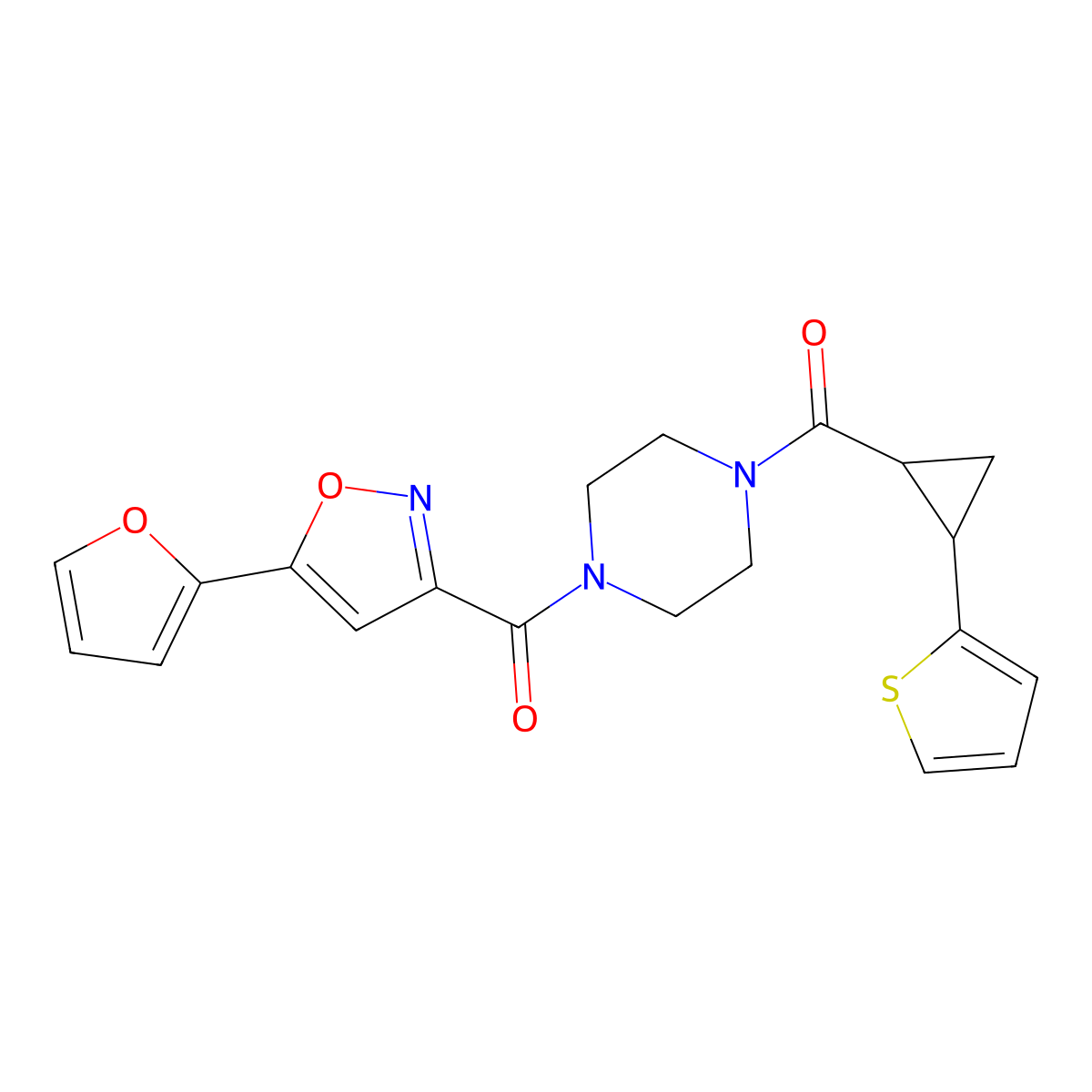 (5-(Furan-2-yl)isoxazol-3-yl)(4-(2-(thiophen-2-yl)cyclopropanecarbonyl)piperazin-1-yl)methanone molecular structure, CAS 1210926-82-1