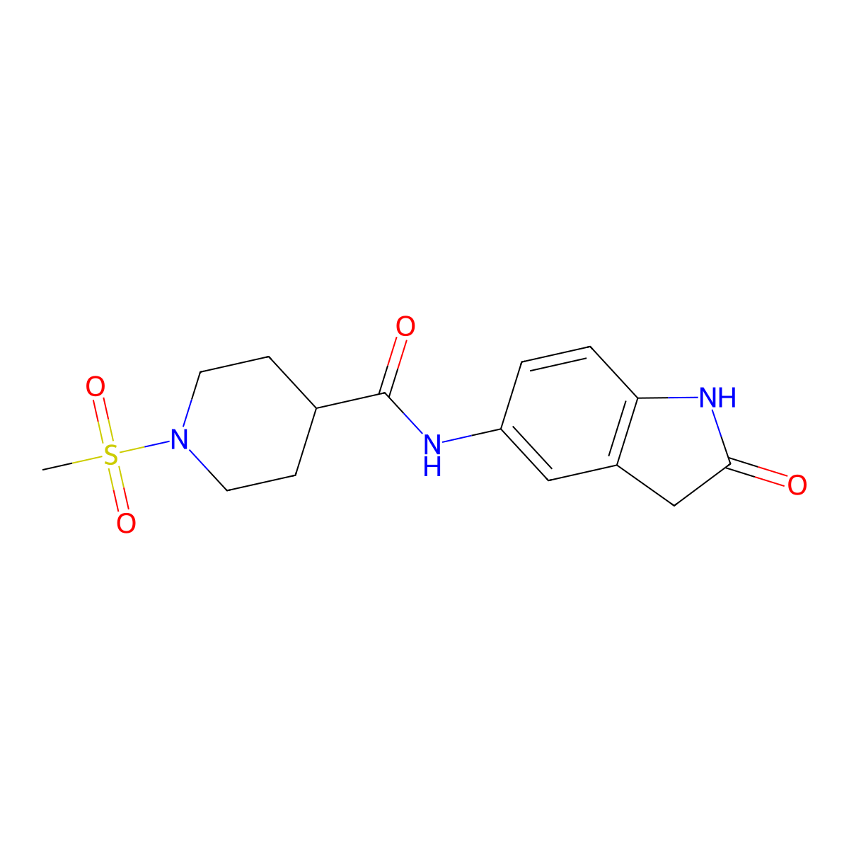 1-(methylsulfonyl)-N-(2-oxoindolin-5-yl)piperidine-4-carboxamide molecular structure, CAS 1210929-76-2