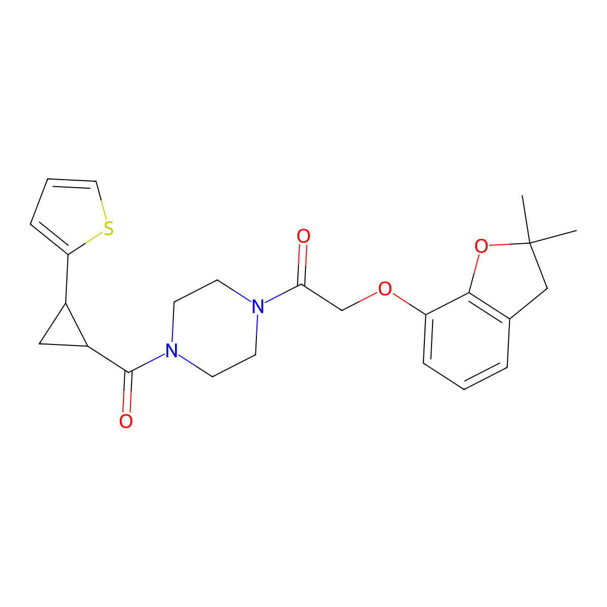 2-((2,2-Dimethyl-2,3-dihydrobenzofuran-7-yl)oxy)-1-(4-(2-(thiophen-2-yl)cyclopropanecarbonyl)piperazin-1-yl)ethanone molecular structure, CAS 1210931-33-1