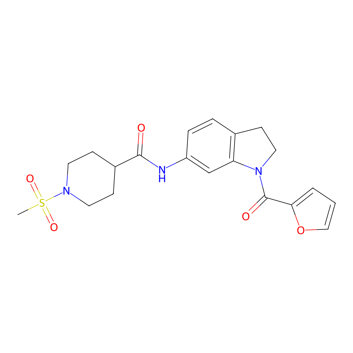 N-(1-(furan-2-carbonyl)indolin-6-yl)-1-(methylsulfonyl)piperidine-4-carboxamide molecular structure, CAS 1210933-02-0
