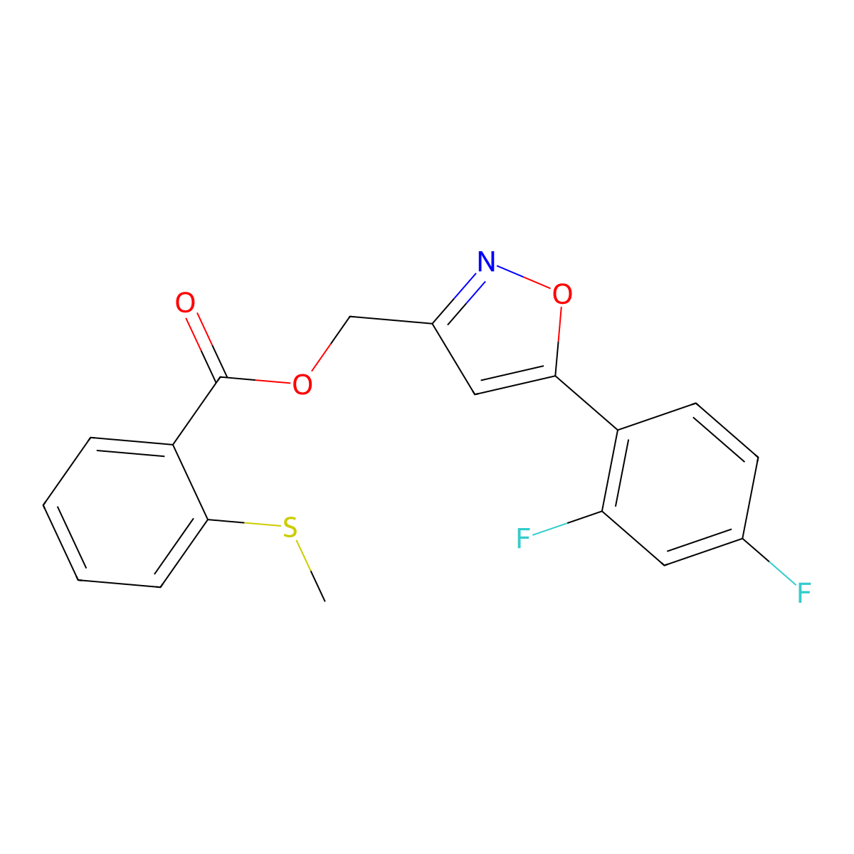 (5-(2,4-Difluorophenyl)isoxazol-3-yl)methyl 2-(methylthio)benzoate molecular structure, CAS 1210938-76-3