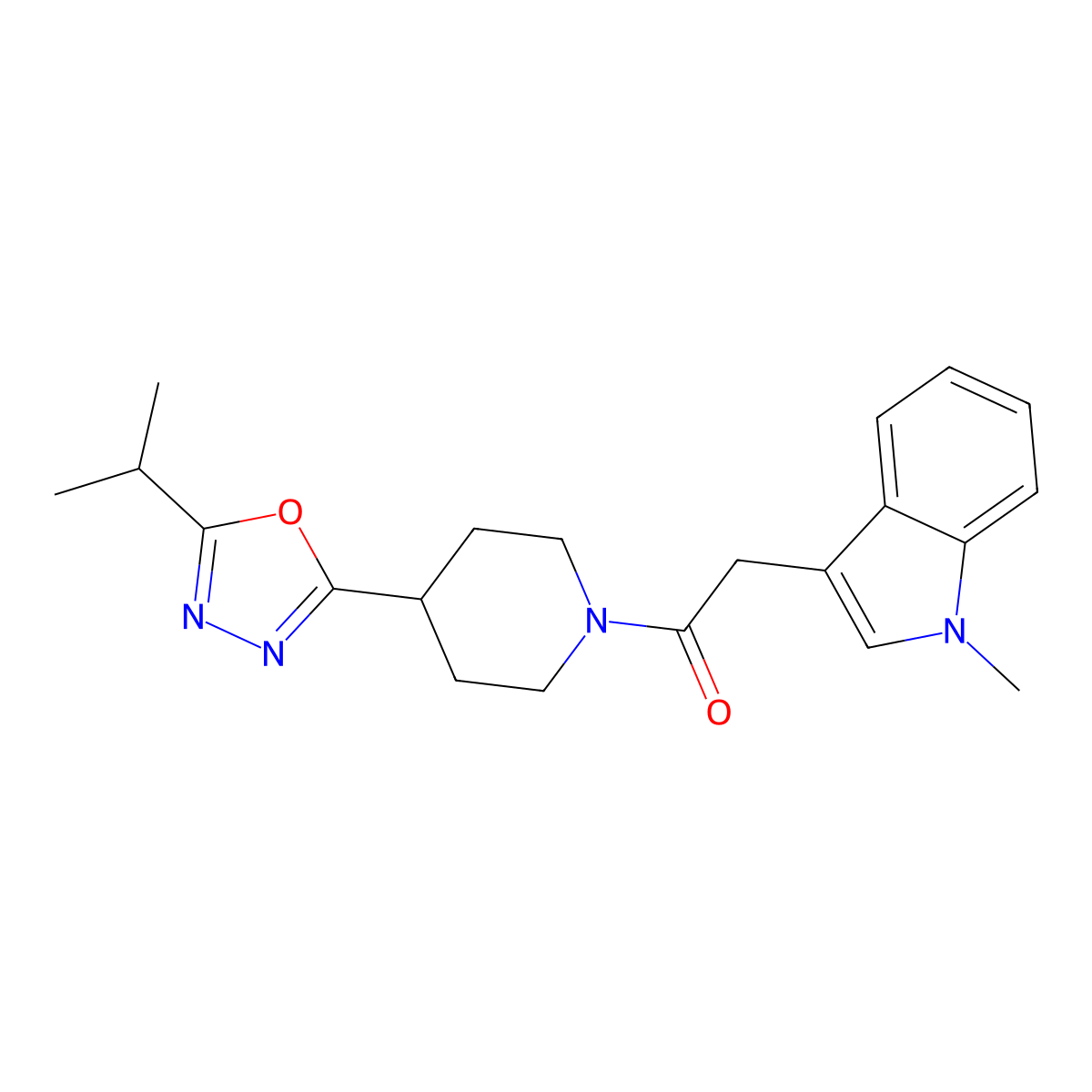 1-(4-(5-isopropyl-1,3,4-oxadiazol-2-yl)piperidin-1-yl)-2-(1-methyl-1H-indol-3-yl)ethanone molecular structure, CAS 1210943-34-2