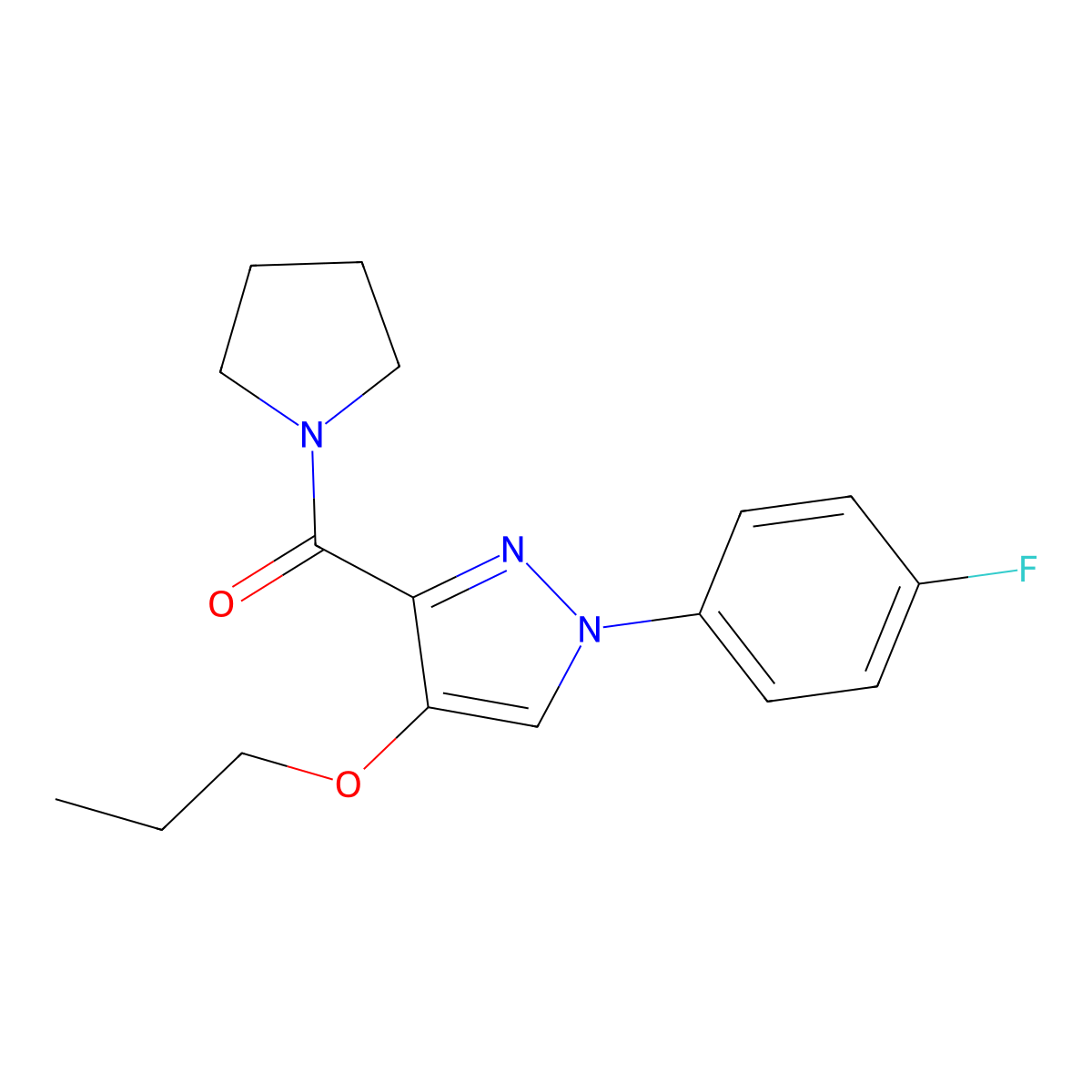 (1-(4-fluorophenyl)-4-propoxy-1H-pyrazol-3-yl)(pyrrolidin-1-yl)methanone molecular structure, CAS 1210943-40-0