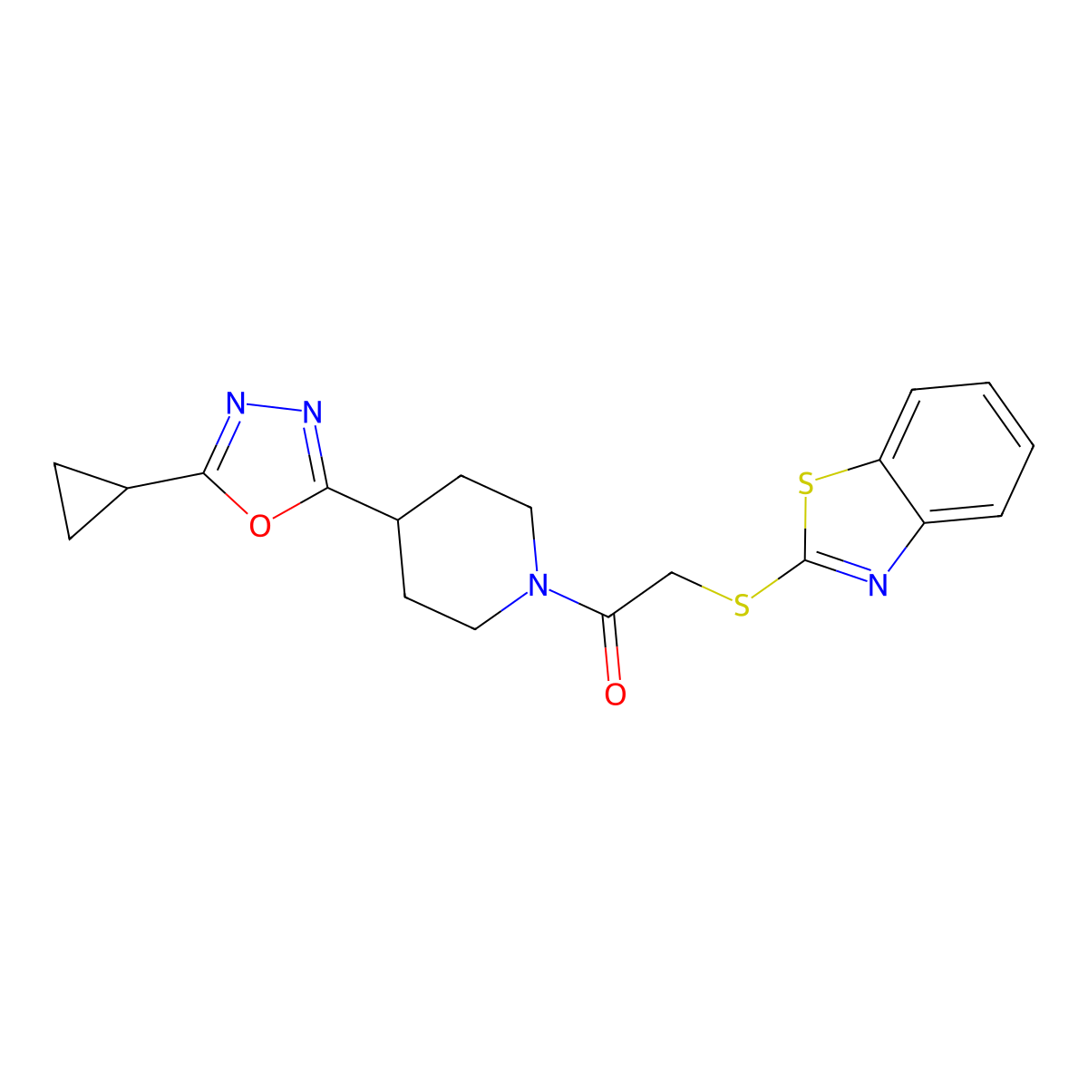 2-(Benzo[d]thiazol-2-ylthio)-1-(4-(5-cyclopropyl-1,3,4-oxadiazol-2-yl)piperidin-1-yl)ethanone molecular structure, CAS 1210949-11-3