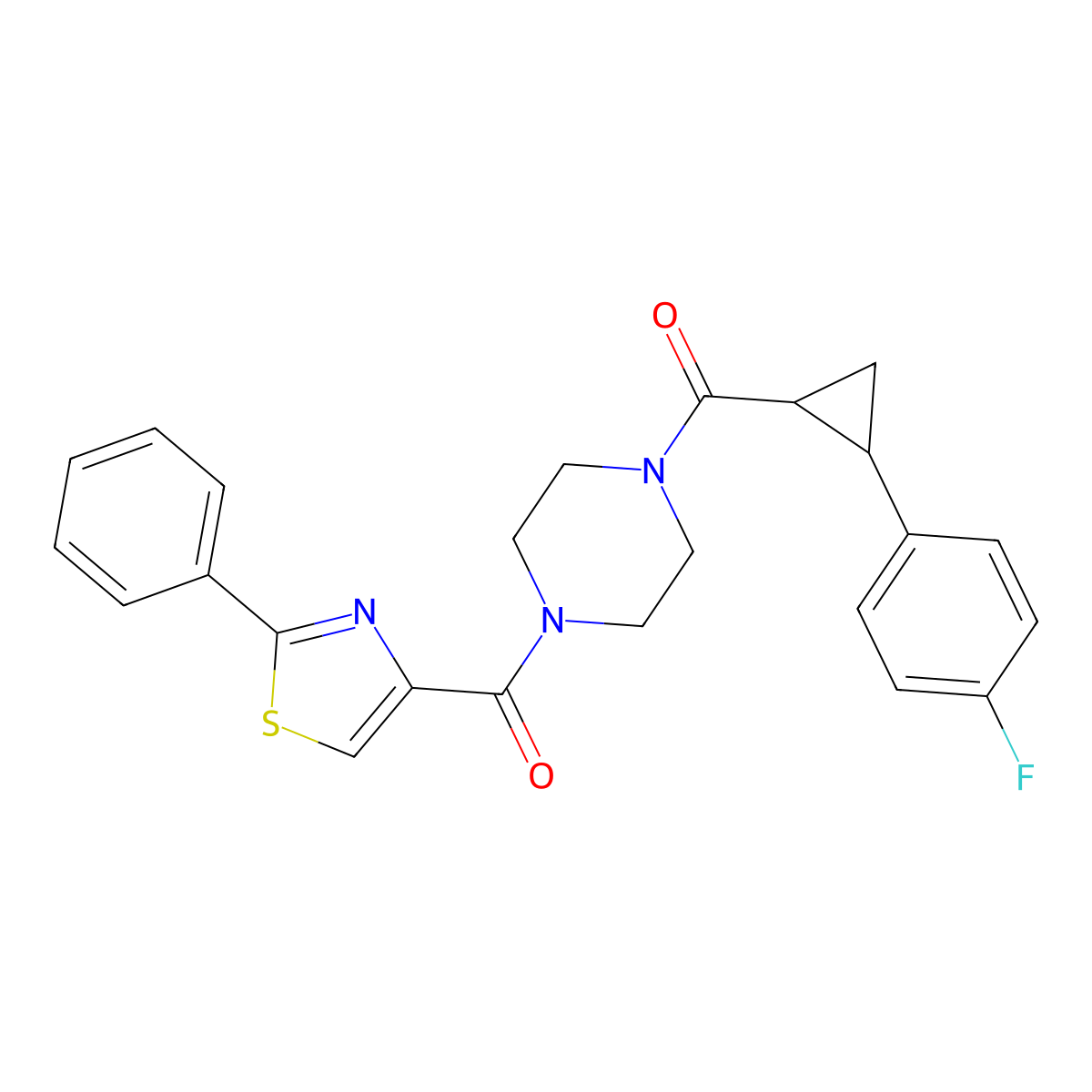 (4-(2-(4-Fluorophenyl)cyclopropanecarbonyl)piperazin-1-yl)(2-phenylthiazol-4-yl)methanone molecular structure, CAS 1210958-60-3