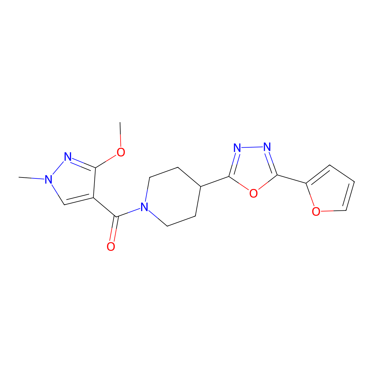 (4-(5-(furan-2-yl)-1,3,4-oxadiazol-2-yl)piperidin-1-yl)(3-methoxy-1-methyl-1H-pyrazol-4-yl)methanone molecular structure, CAS 1210962-10-9