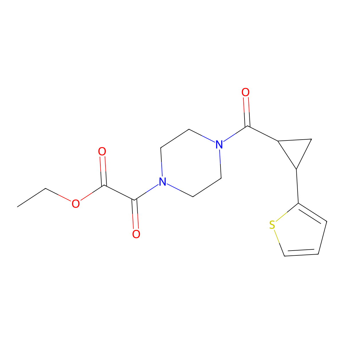 Ethyl 2-oxo-2-(4-(2-(thiophen-2-yl)cyclopropanecarbonyl)piperazin-1-yl)acetate molecular structure, CAS 1210967-60-4
