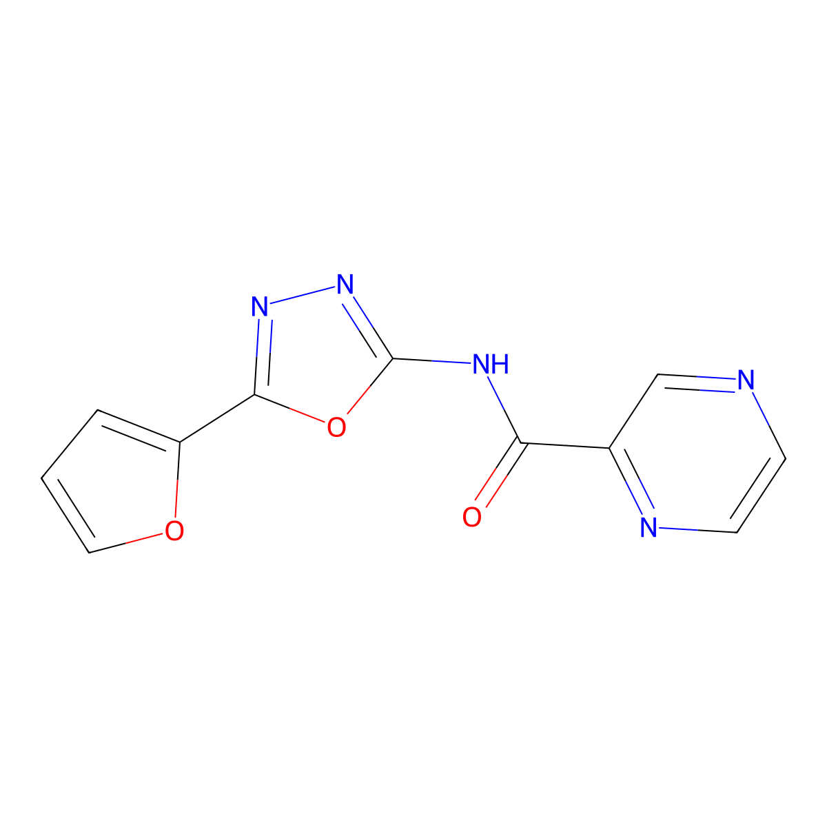 N-[5-(furan-2-yl)-1,3,4-oxadiazol-2-yl]pyrazine-2-carboxamide molecular structure, CAS 1210974-71-2