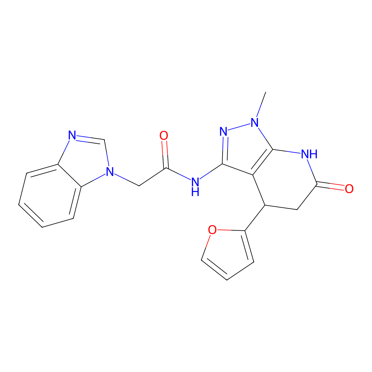 2-(1H-benzo[d]imidazol-1-yl)-N-(4-(furan-2-yl)-1-methyl-6-oxo-4,5,6,7-tetrahydro-1H-pyrazolo[3,4-b]pyridin-3-yl)acetamide molecular structure, CAS 1210978-36-1