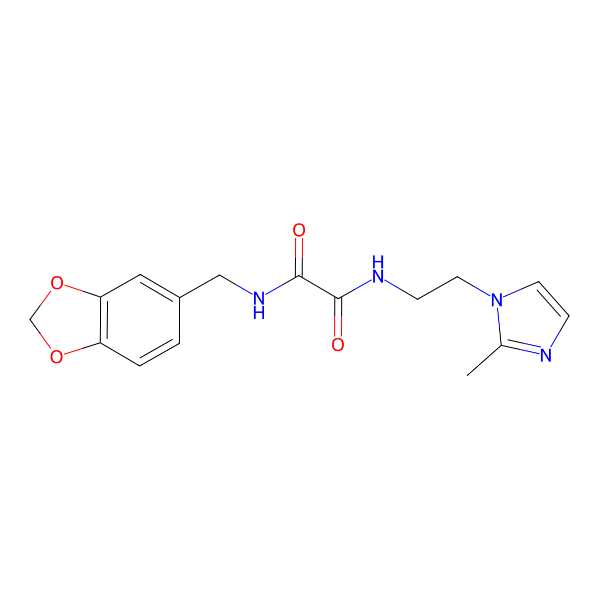N1-(benzo[d][1,3]dioxol-5-ylmethyl)-N2-(2-(2-methyl-1H-imidazol-1-yl)ethyl)oxalamide molecular structure, CAS 1210996-34-1